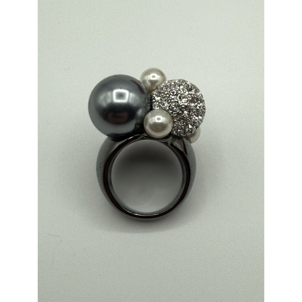 RARE KJL Crystal Ball & Faux Gray Pearl Cocktail Ring Size 7